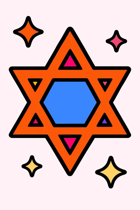 Star of david surrounded by a few small twinkling stars coloring page