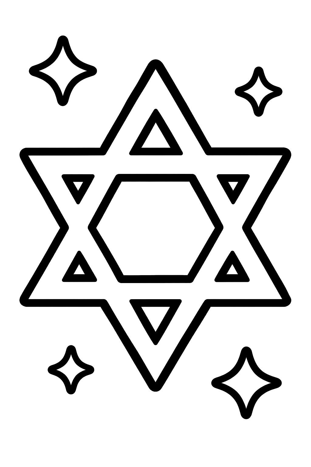 Star of david surrounded by a few small twinkling stars coloring page