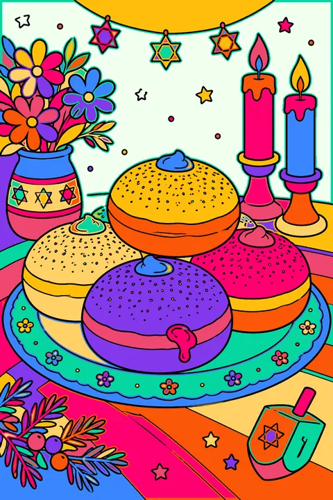 Plate of sufganiyot jelly doughnuts dusted with sugar on a festive table coloring page