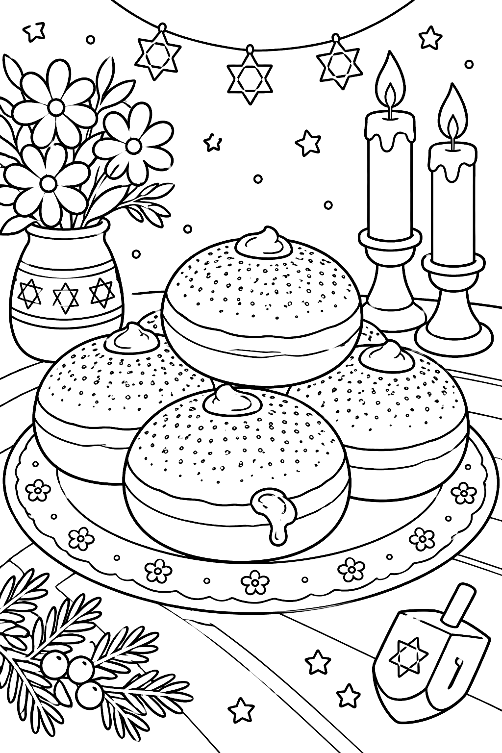 Plate of sufganiyot jelly doughnuts dusted with sugar on a festive table coloring page