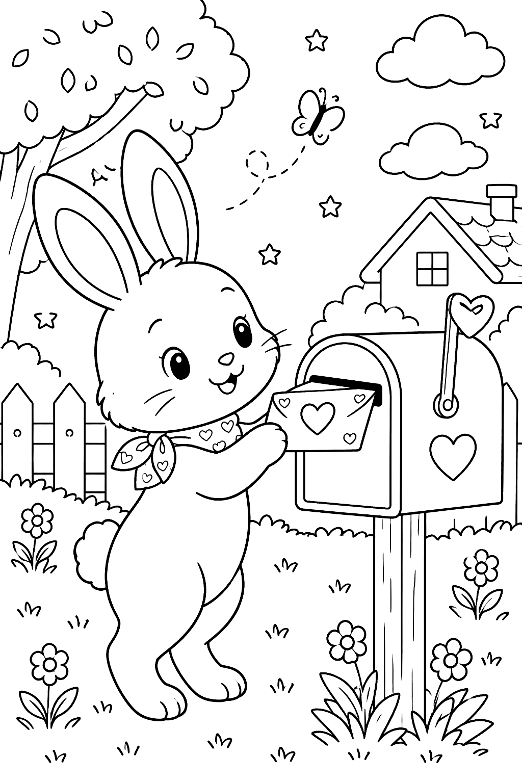 Bunny putting a heart letter into a mailbox coloring page