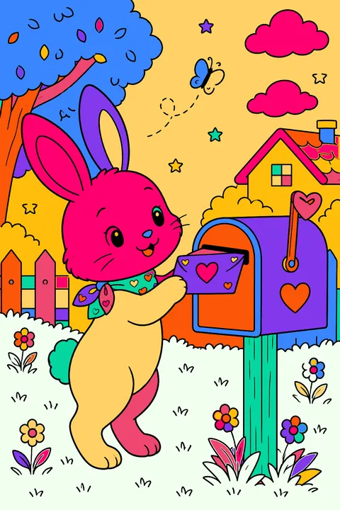 Bunny putting a heart letter into a mailbox coloring page