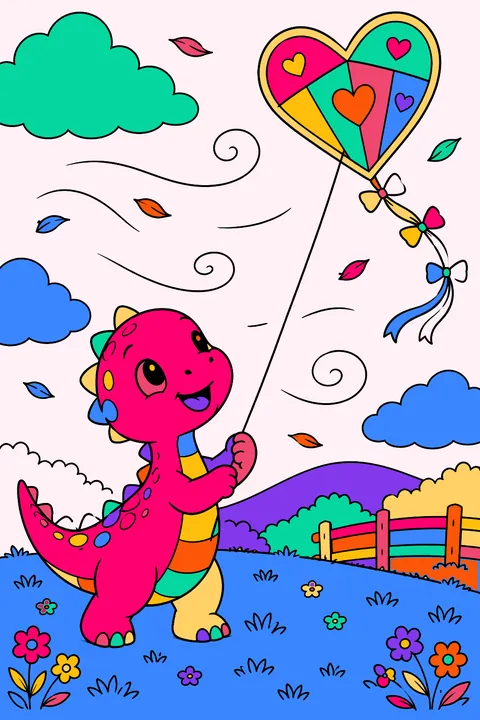 Baby dinosaur flying a heart shaped kite on a windy day coloring page