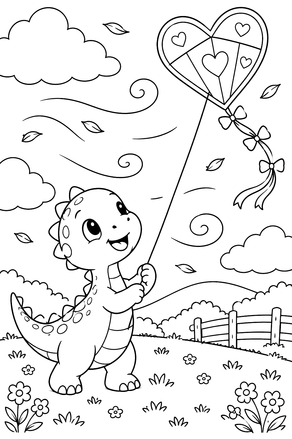 Baby dinosaur flying a heart shaped kite on a windy day coloring page