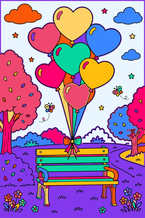 Bunch of heart balloons floating over a park bench and trees coloring page