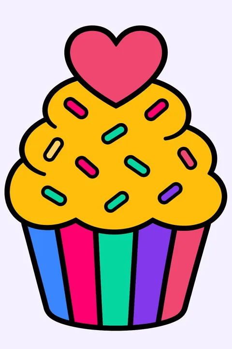 Cupcake with a heart on top and sprinkles coloring page