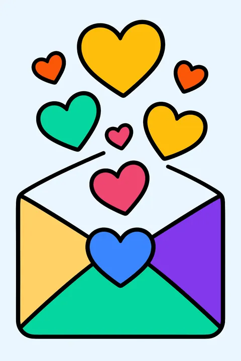 Envelope with a heart seal and hearts floating out coloring page