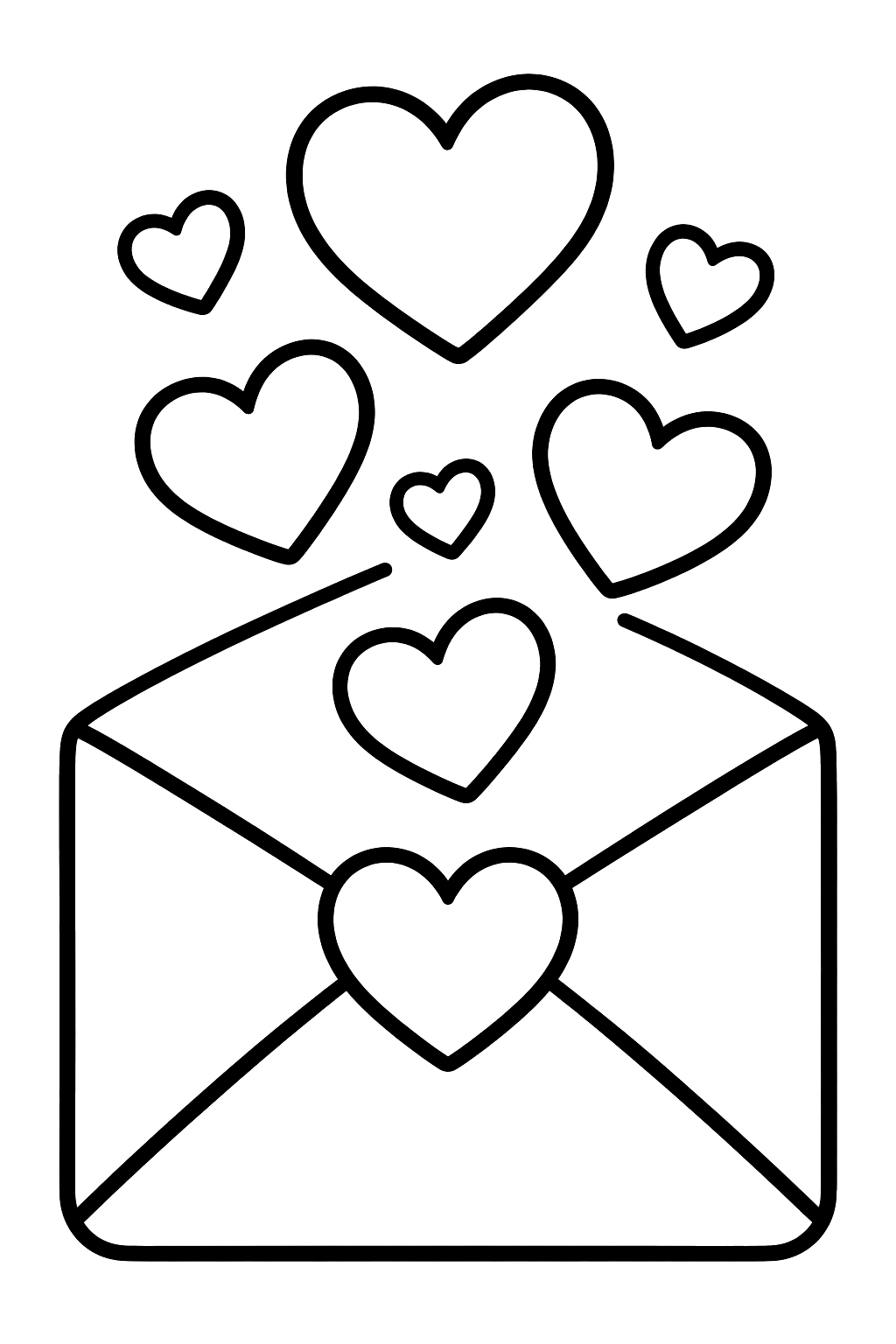 Envelope with a heart seal and hearts floating out coloring page