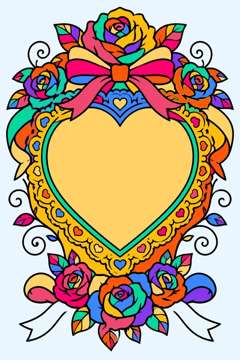 Ornate heart frame with roses, ribbons, lace and swirling vines coloring page