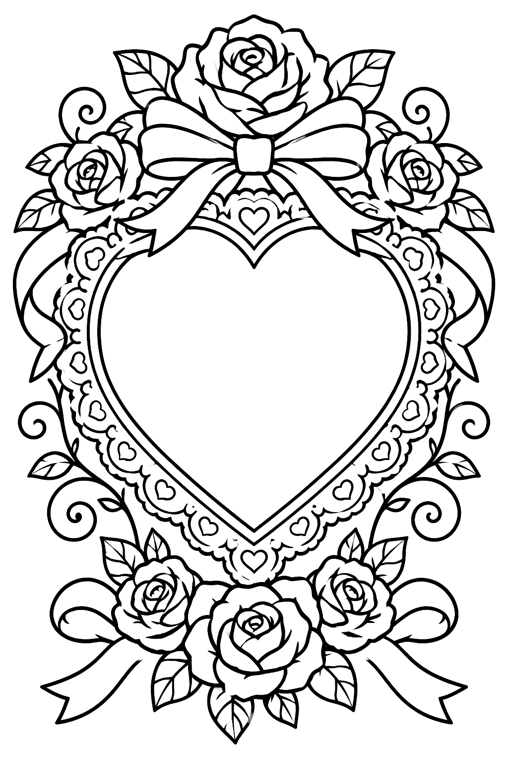 Ornate heart frame with roses, ribbons, lace and swirling vines coloring page