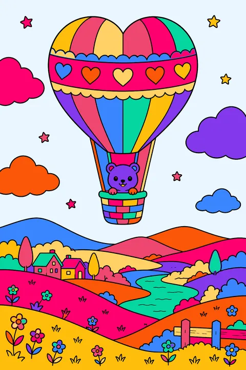 Heart shaped hot air balloon floating over rolling hills coloring page