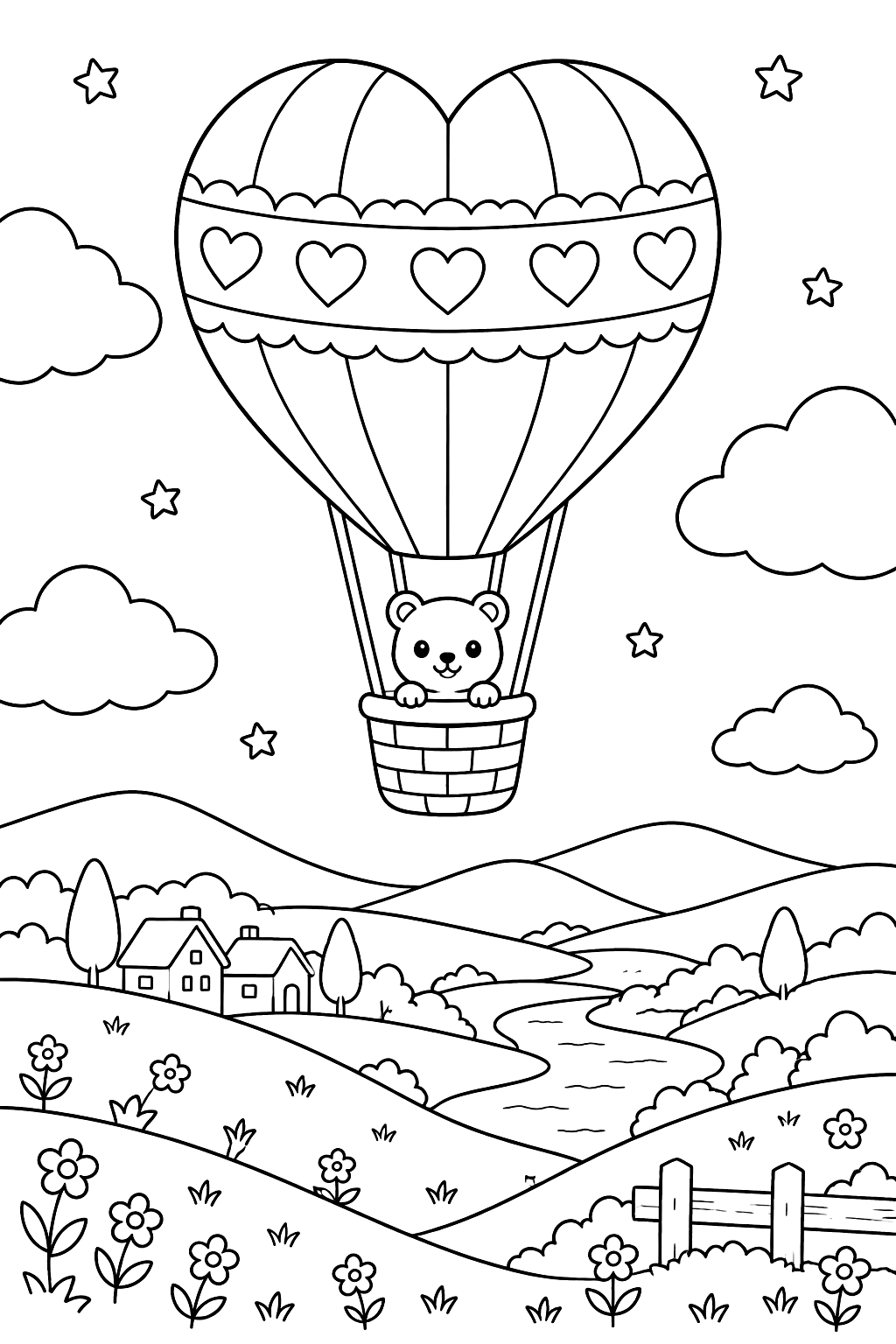 Heart shaped hot air balloon floating over rolling hills coloring page