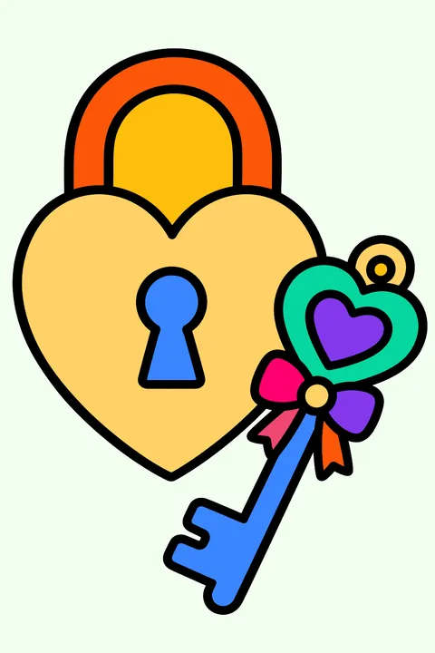 Heart shaped lock with a decorated key beside it coloring page
