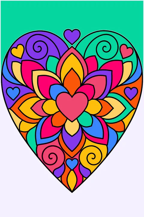 Heart mandala with layered petals, swirls and tiny hearts coloring page