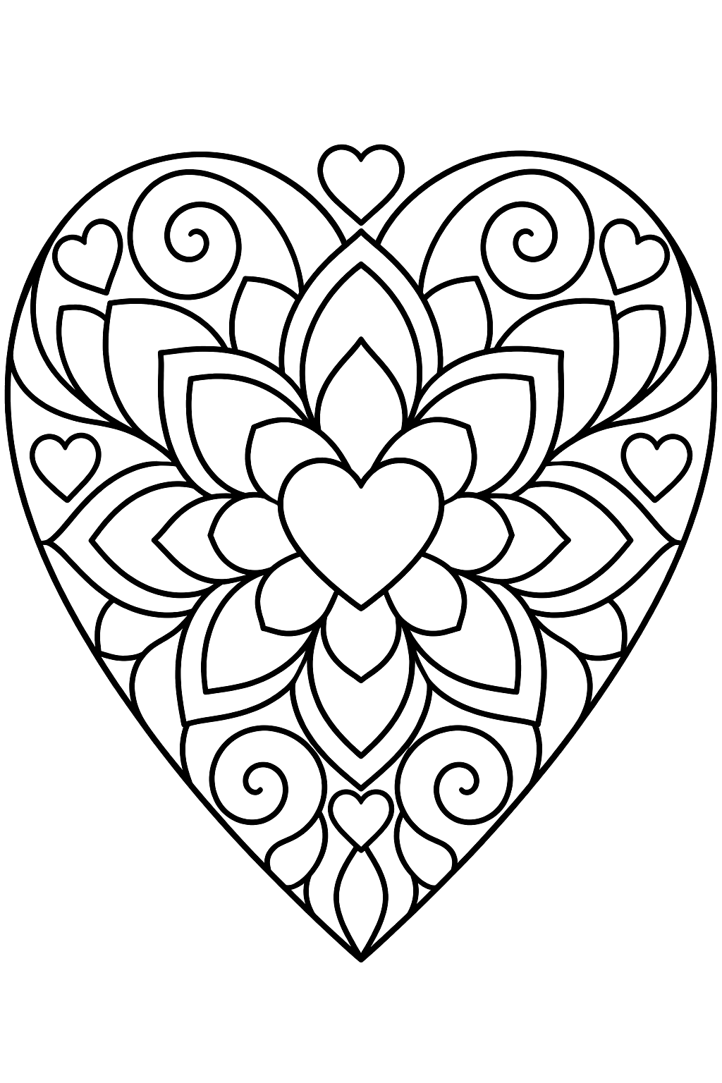 Heart mandala with layered petals, swirls and tiny hearts coloring page