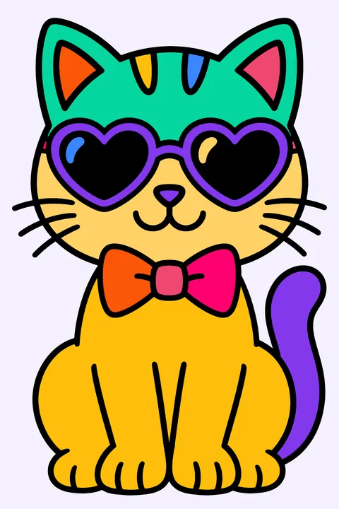Cat wearing heart shaped sunglasses and a bow tie coloring page
