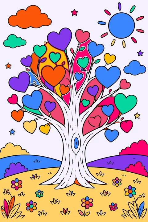 Tree with heart shaped leaves on a sunny hill coloring page