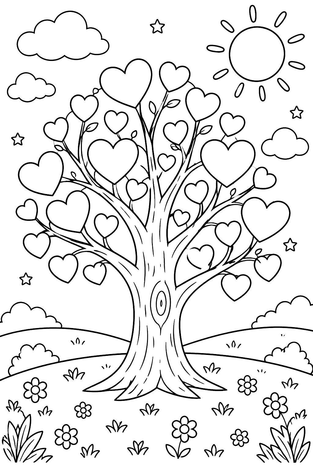 Tree with heart shaped leaves on a sunny hill coloring page