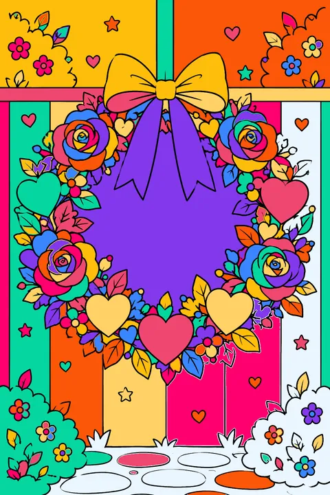 Wreath made of hearts, roses and leaves with a bow coloring page