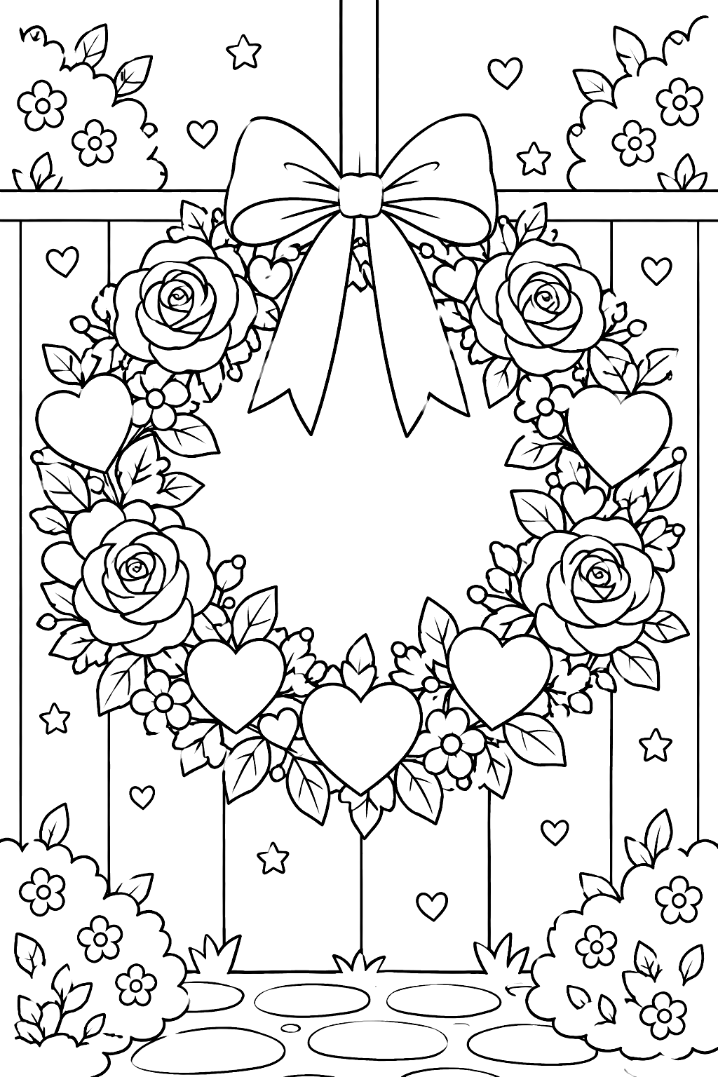 Wreath made of hearts, roses and leaves with a bow coloring page