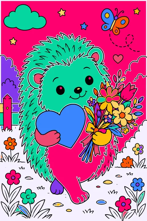 Hedgehog carrying a heart and a bunch of flowers coloring page