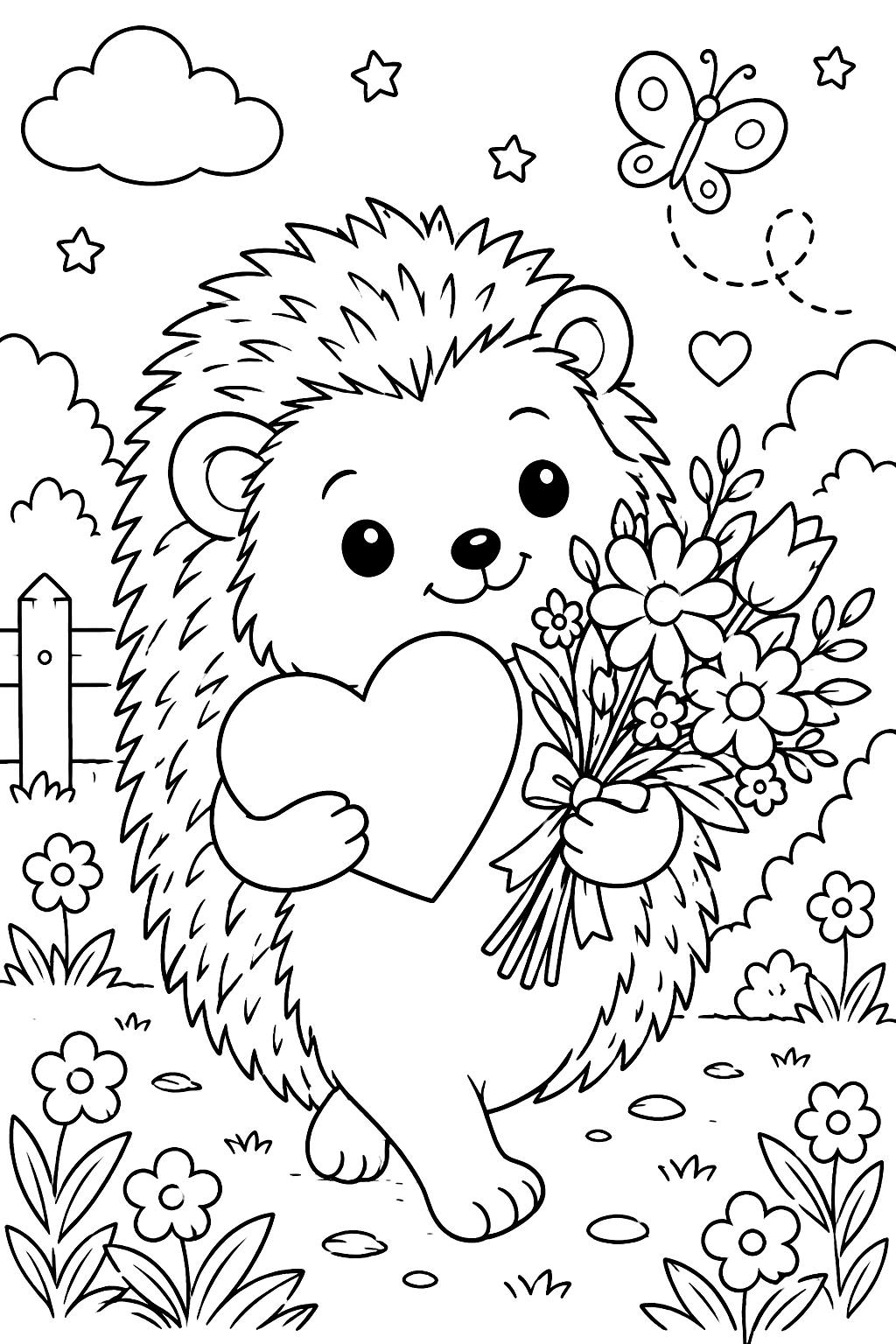 Hedgehog carrying a heart and a bunch of flowers coloring page