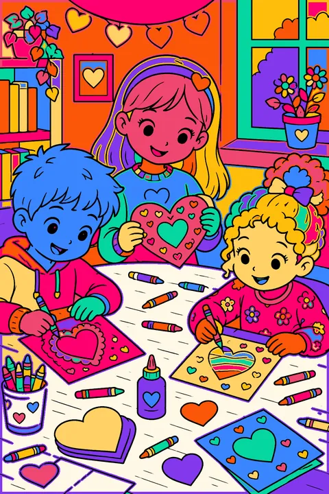 Kids making heart valentines at a table with crayons and paper coloring page
