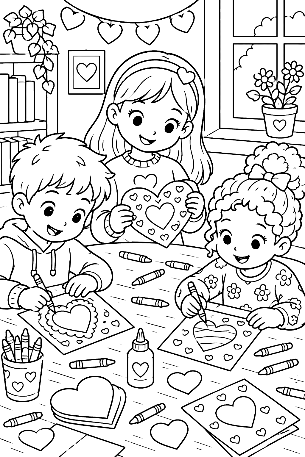 Kids making heart valentines at a table with crayons and paper coloring page