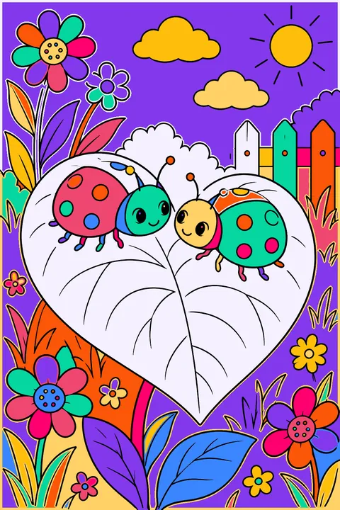 Two ladybugs sitting on a heart shaped leaf in a garden coloring page