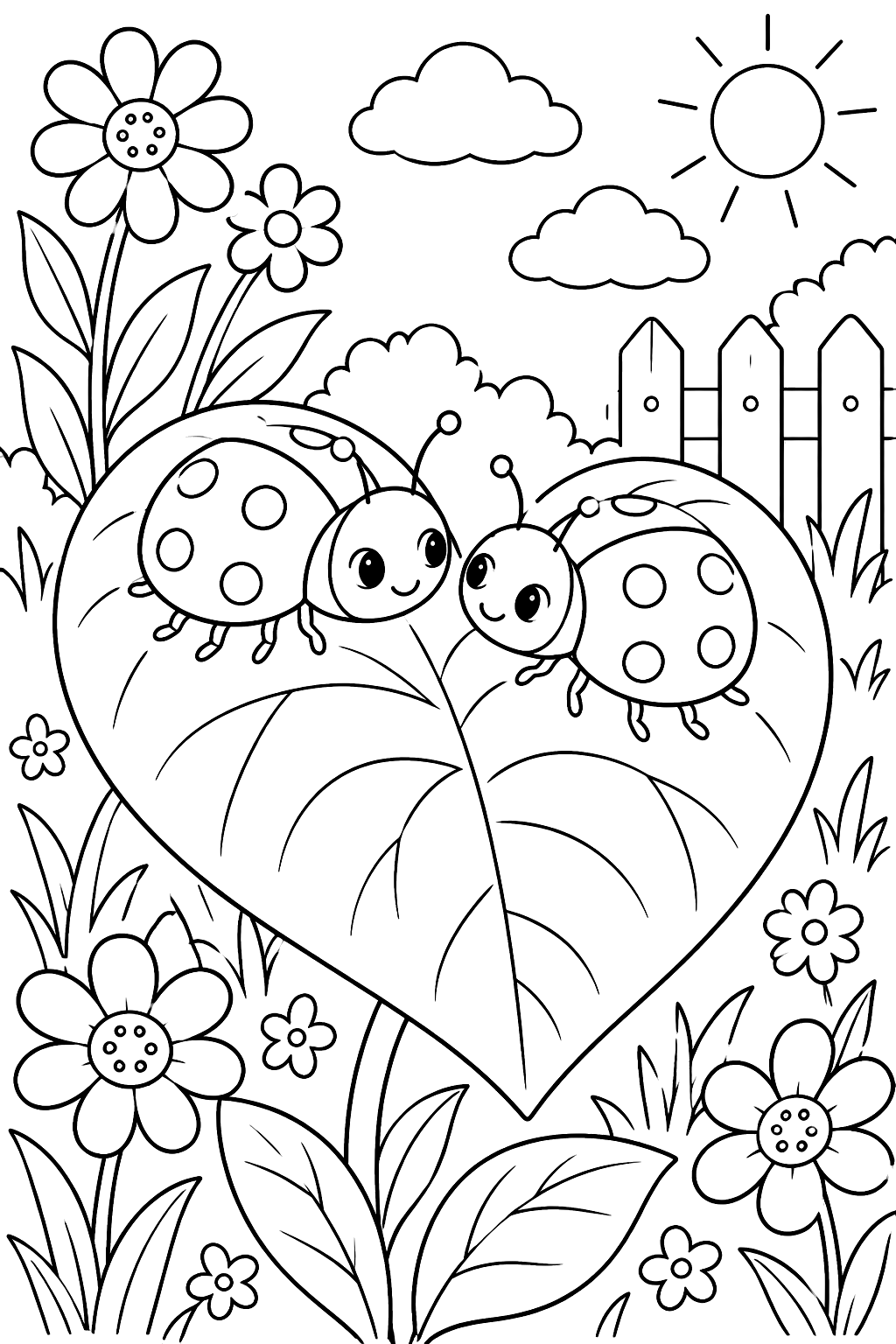 Two ladybugs sitting on a heart shaped leaf in a garden coloring page