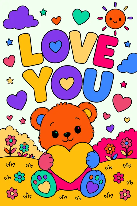 Big outline letters spelling love you with hearts around them coloring page