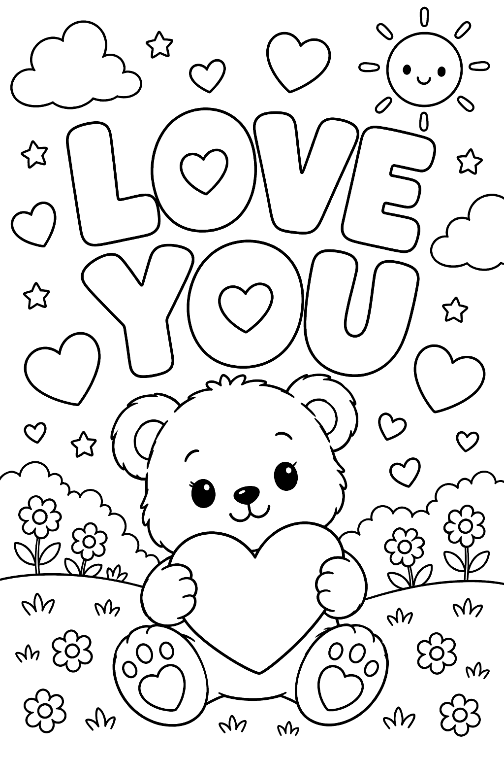 Big outline letters spelling love you with hearts around them coloring page