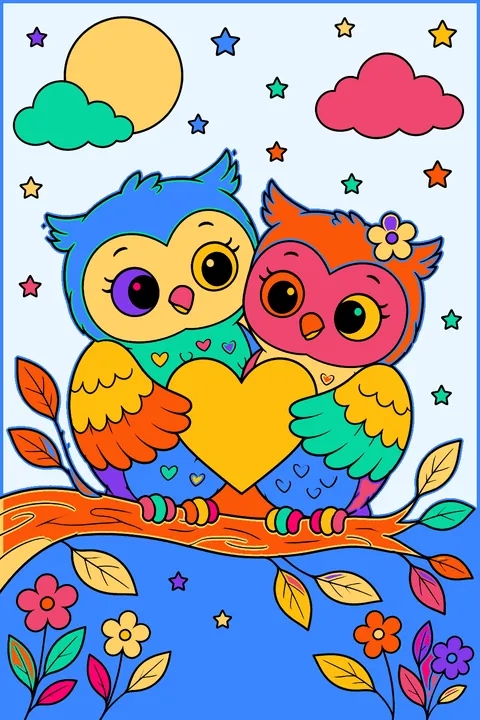 Two owls on a branch holding a heart together coloring page