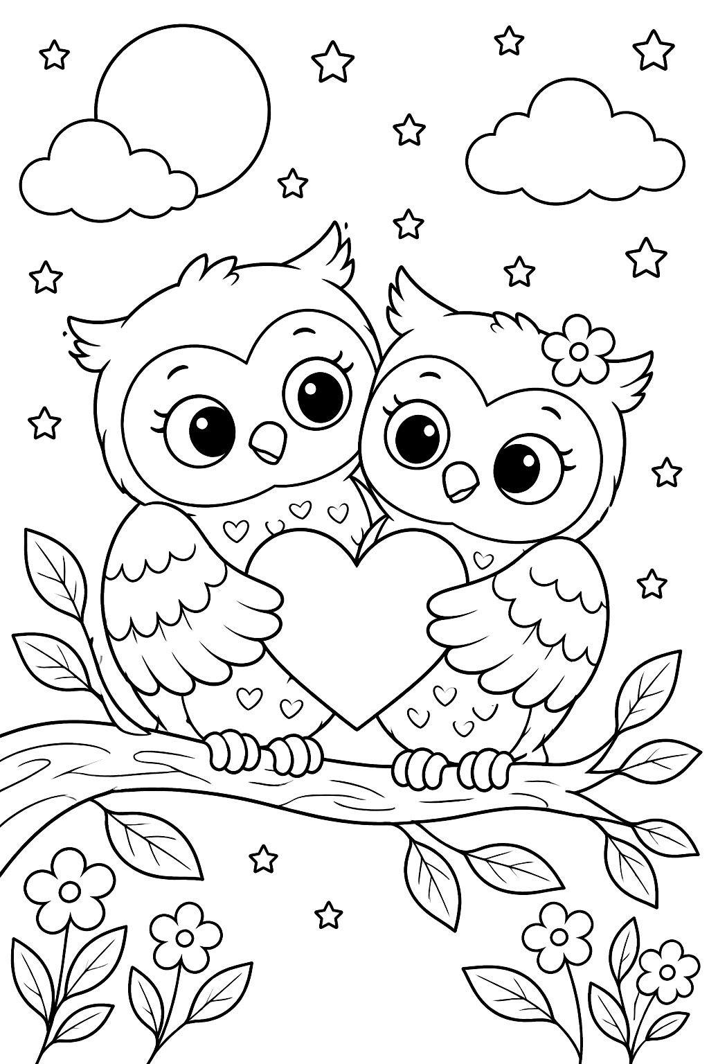 Two owls on a branch holding a heart together coloring page
