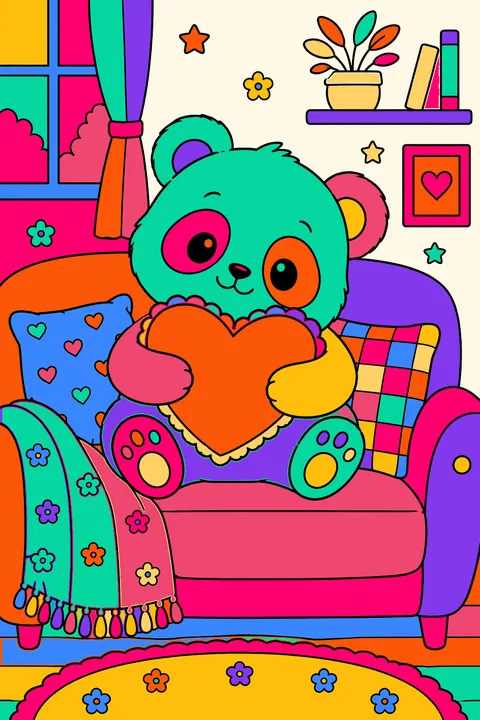 Panda hugging a heart pillow on a cozy couch coloring page