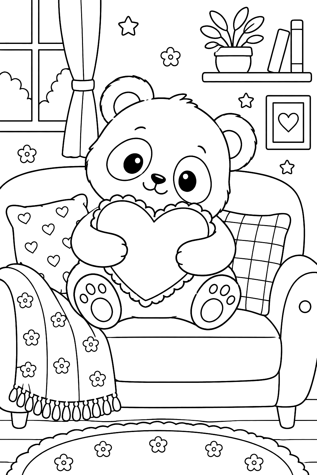 Panda hugging a heart pillow on a cozy couch coloring page