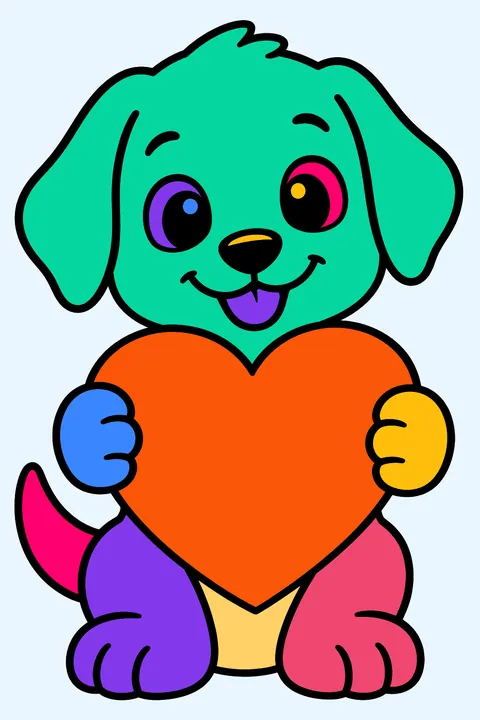 Puppy holding a big heart in its paws coloring page