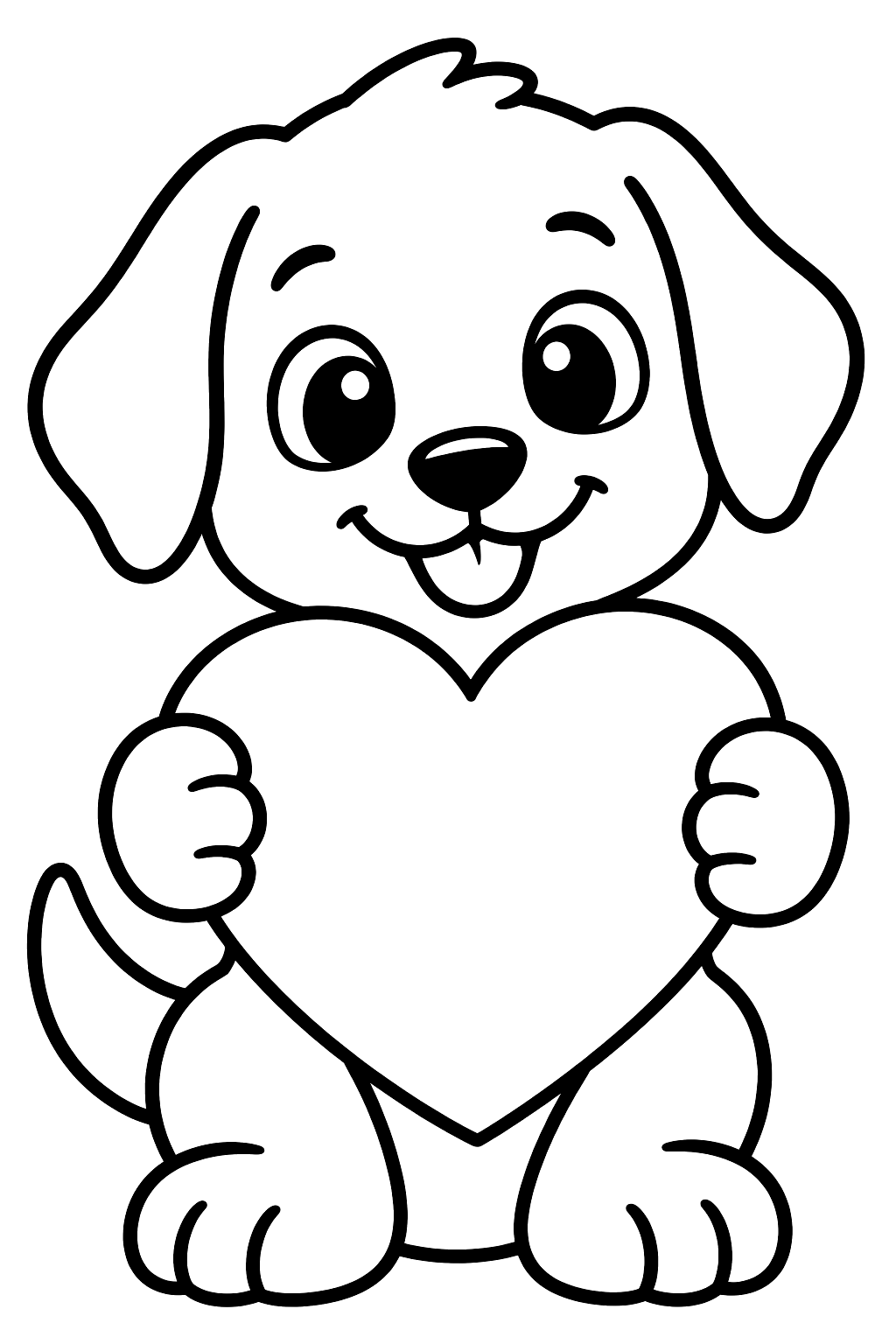 Puppy holding a big heart in its paws coloring page
