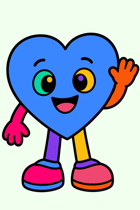 Smiling heart character with arms and legs giving a wave coloring page