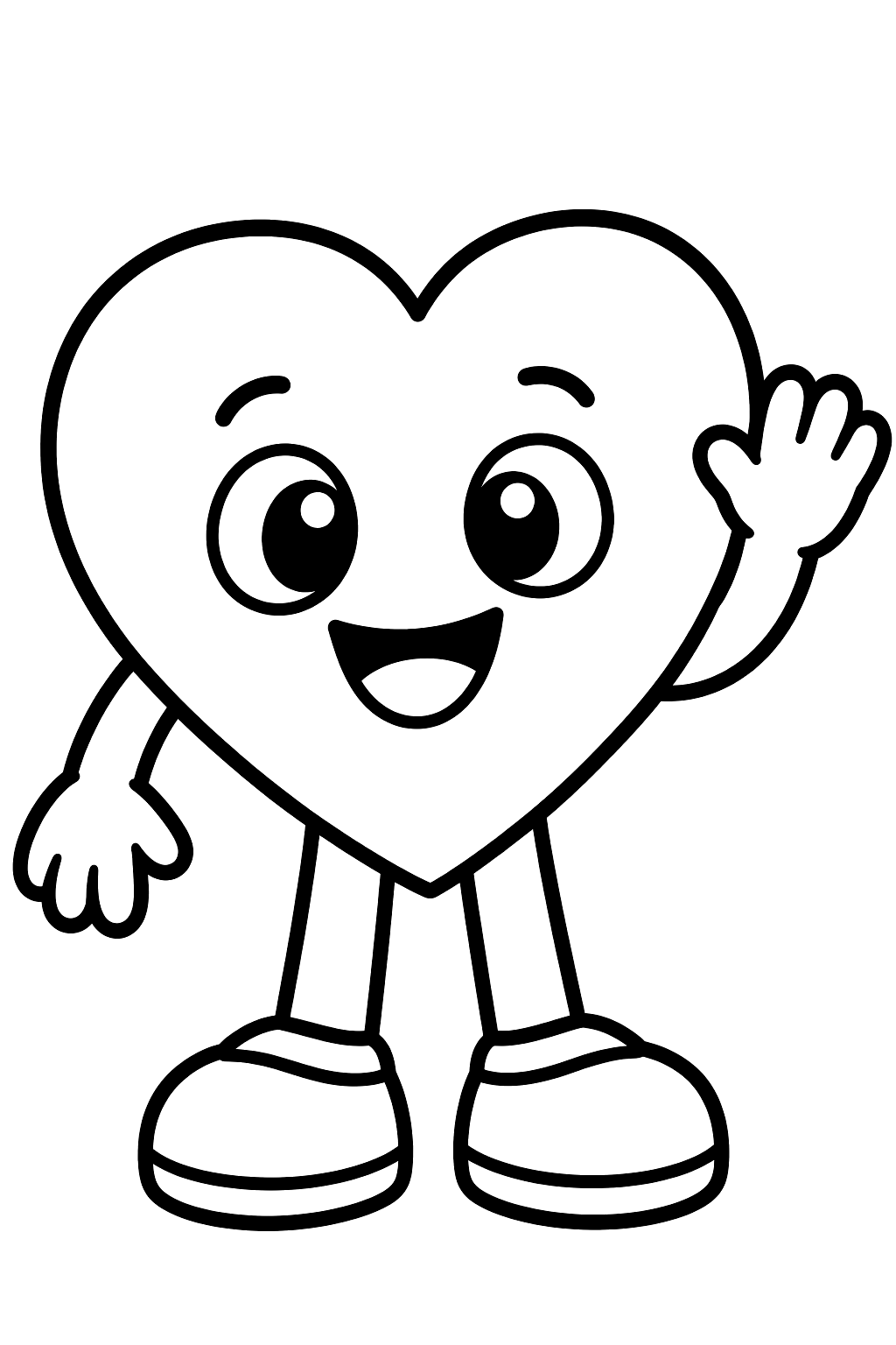 Smiling heart character with arms and legs giving a wave coloring page
