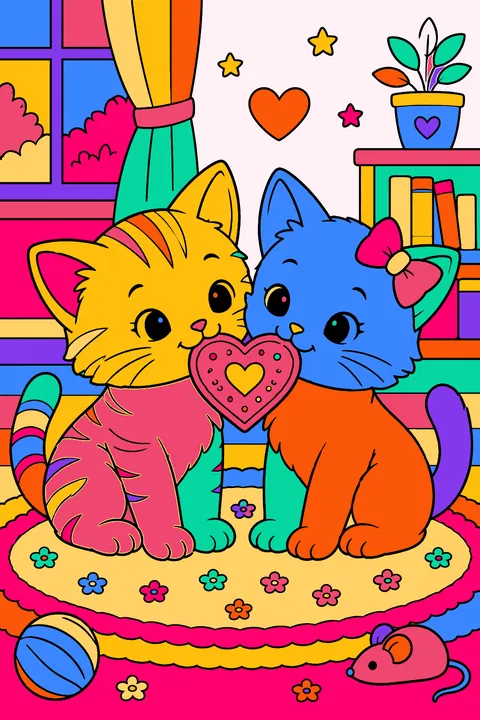 Two kittens sharing a heart shaped cookie on a rug coloring page