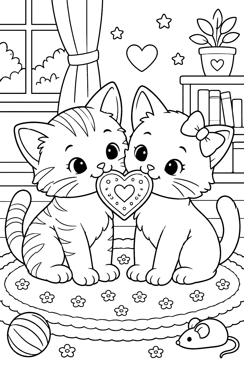 Two kittens sharing a heart shaped cookie on a rug coloring page