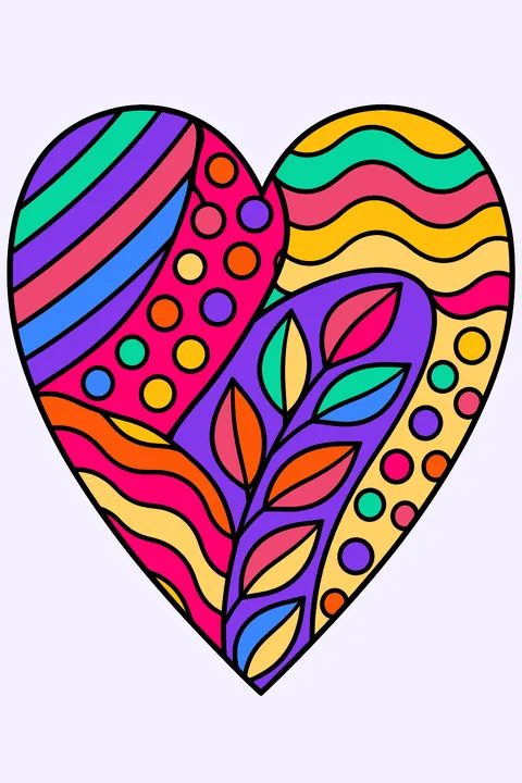 Zentangle heart filled with stripes, dots, waves and leaf patterns coloring page
