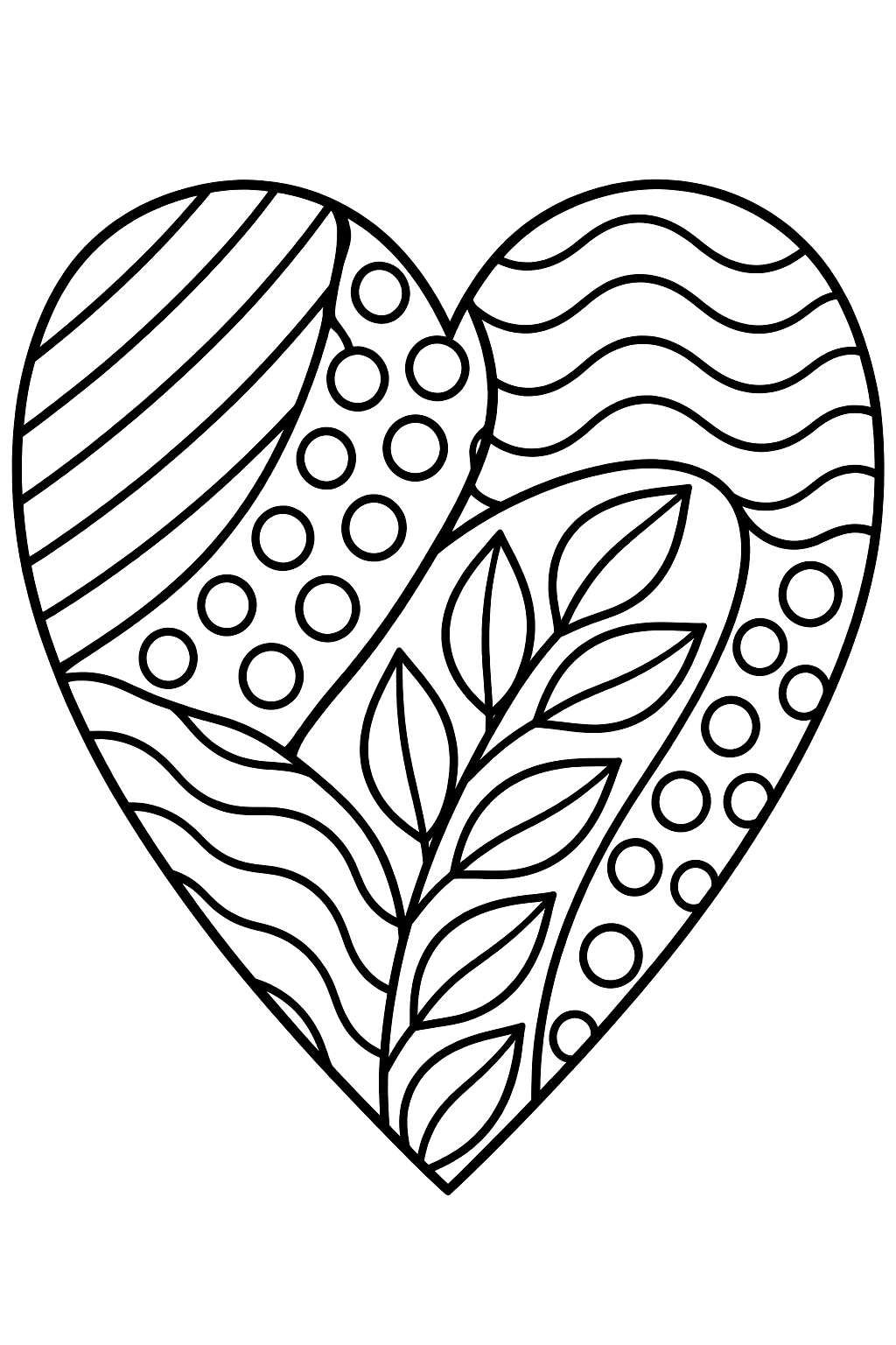 Zentangle heart filled with stripes, dots, waves and leaf patterns coloring page