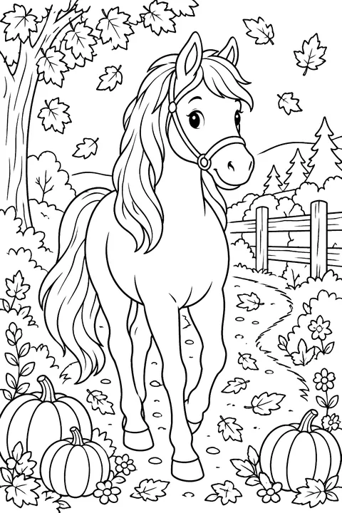 Horse on an Autumn Trail coloring page
