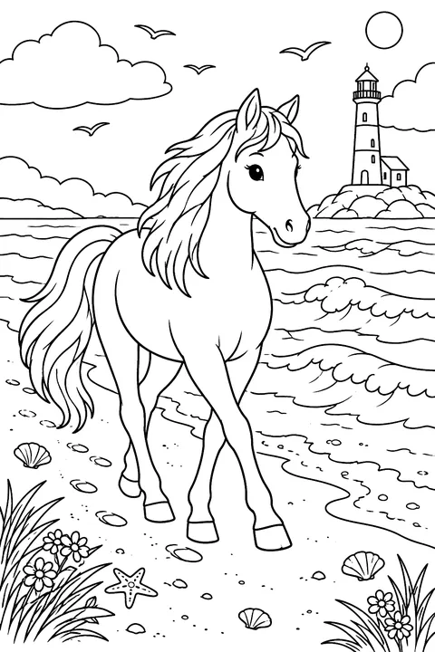 Horse on the Beach coloring page