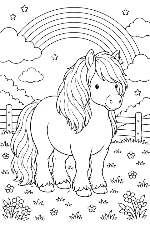 Shetland Pony Under a Rainbow coloring page