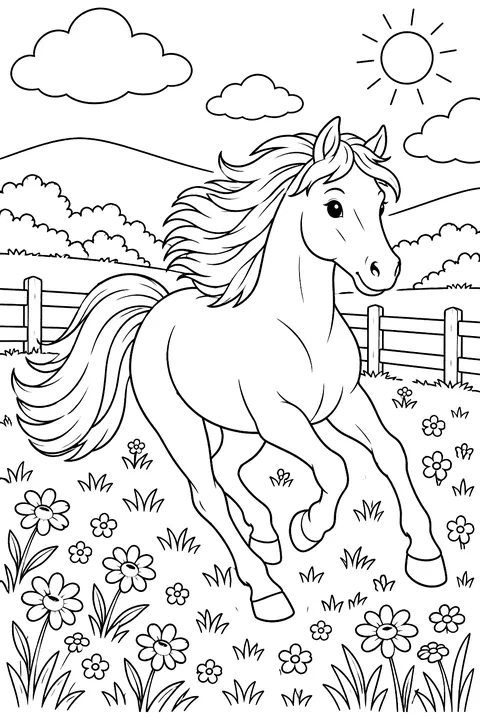 Horse Galloping Through the Meadow coloring page