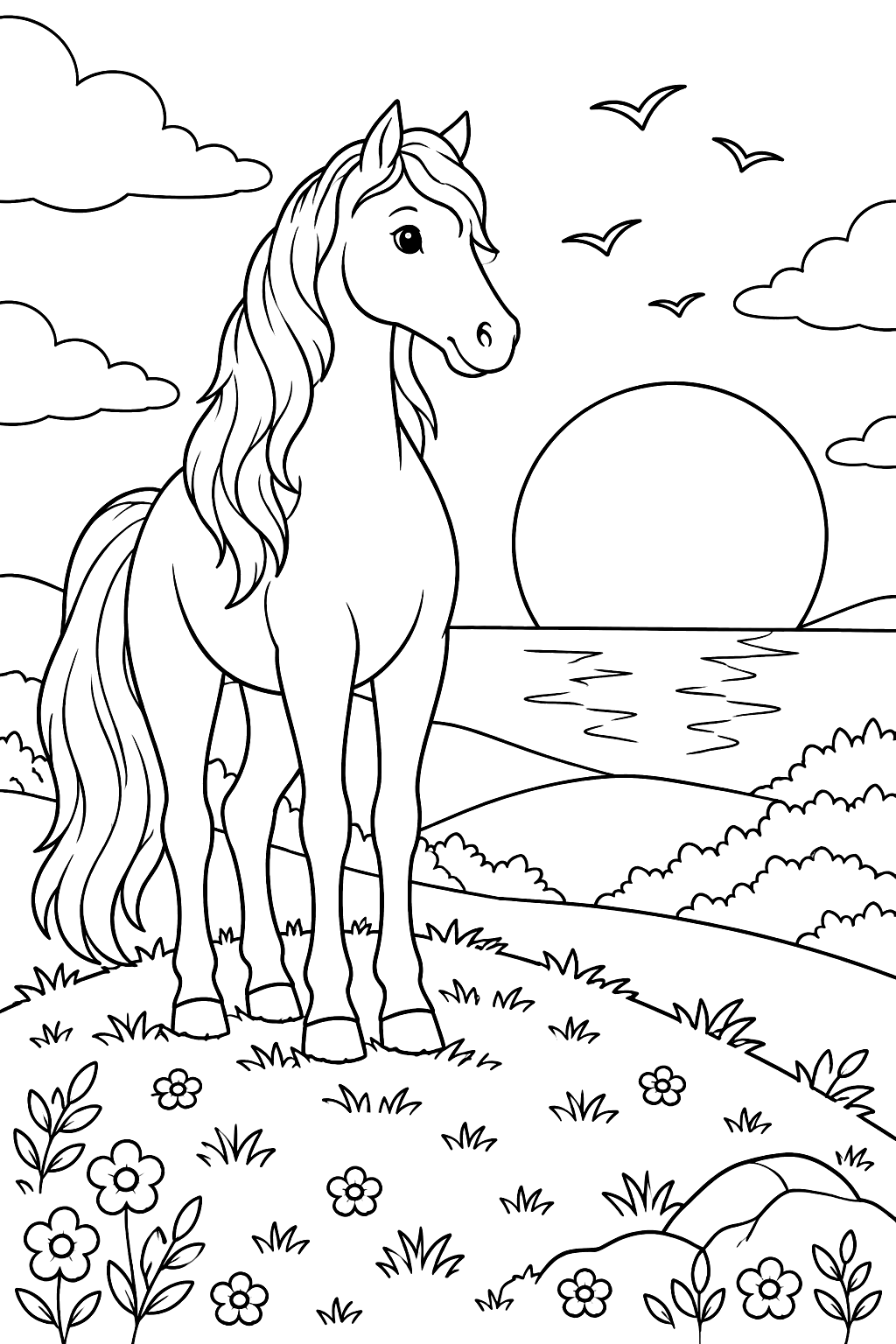 Horse at Sunset coloring page