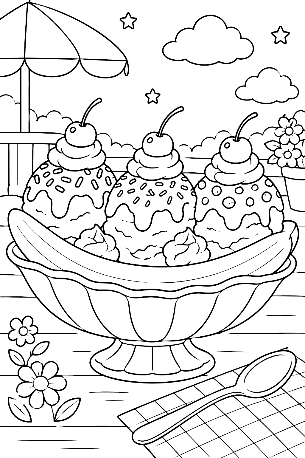 a banana split boat with three scoops and toppings coloring page